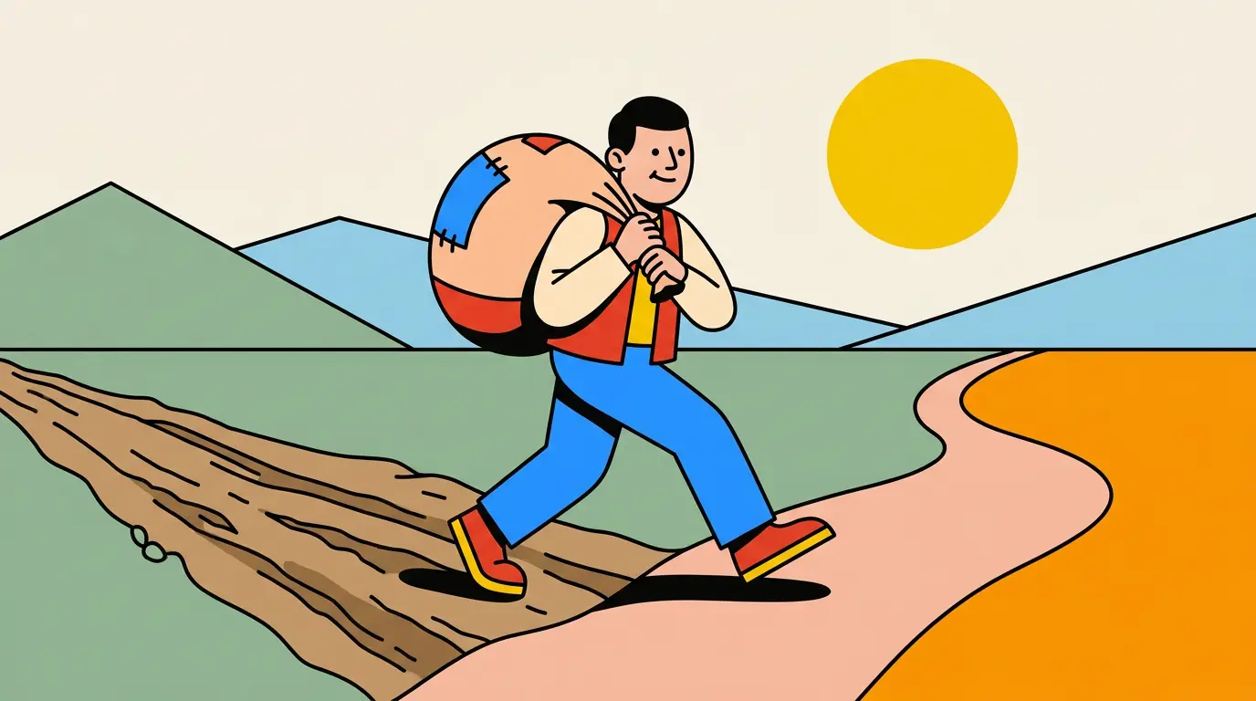 Cartoon of a man carrying a heavy sack as he steps off a worn, rutted path onto a new one leading toward the sun.