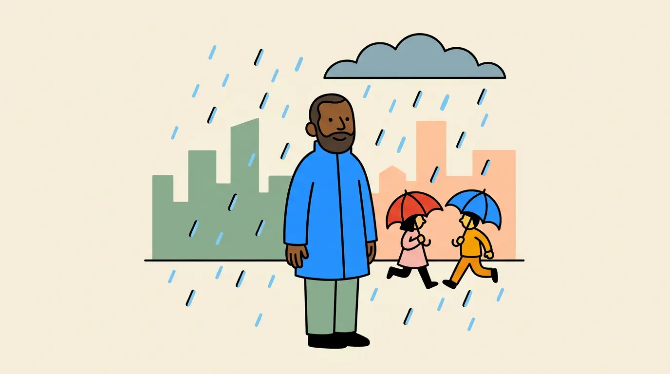 Cartoon of a man standing calmly in the rain without an umbrella while others hurry past under theirs.