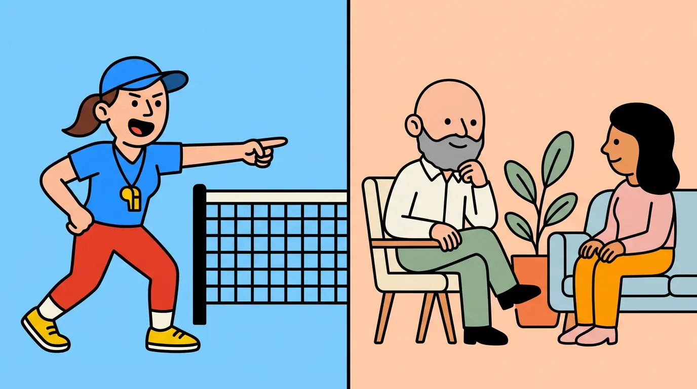 Split cartoon: a coach with a whistle pointing ahead on a tennis court, and a therapist sitting and listening to a client.